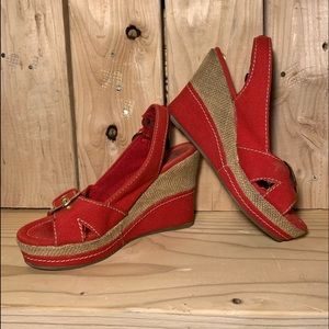 Red Canvas Sling Back Wedge’s